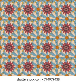 Modern luxury texture for fabrics, textile. Vector floral seamless pattern. Background wallpaper illustration with pink, blue and beige flowers and vintage paisley ornaments.