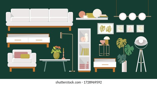 Modern luxury vector illustration. Contemporary flat infographic set with living room furniture kit on green background. Scandinavian interior design. Flat vector illustration. Modern home decor.