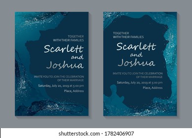 Modern luxury watercolor wedding invitation design or card templates for birthday greeting or certificate or cover with silver sparkles and waves on a navy blue background.