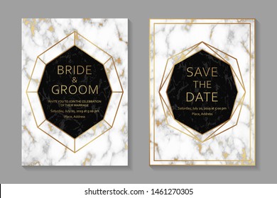 
Modern luxury wedding invitation design or greeting card templates with golden and black frames on a white with gold marble texture.