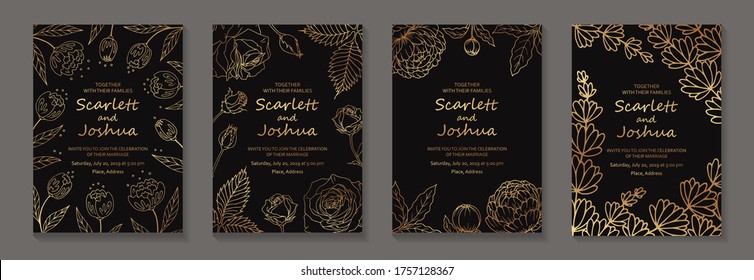 Modern luxury wedding invitation design or card templates for business or presentation or greeting with golden flowers on a black background.