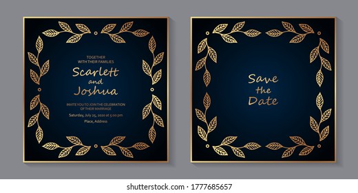 Modern luxury wedding invitation design or card templates for business or presentation or greeting with golden floral frame on a navy blue background.