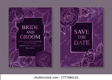 Modern luxury wedding invitation design or card template for business or presentation or greeting with rose gold roses on a purple marble background.