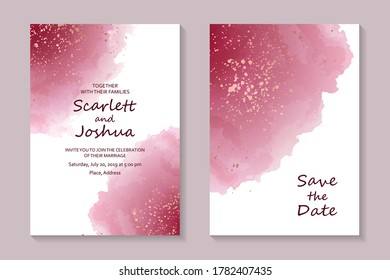 Modern luxury wedding invitation design or card templates for birthday greeting or certificate or cover with pink watercolor stains and rose gold glitter on a white background.