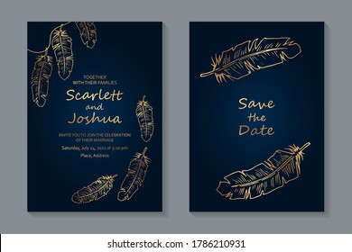 Modern luxury wedding invitation design or card templates for birthday greeting or certificate or cover with golden feathers on a blue background.