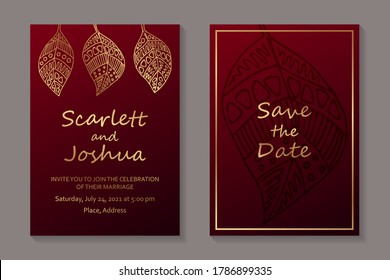 Modern luxury wedding invitation design or card templates for birthday greeting or certificate or cover with golden leaves on a red background.