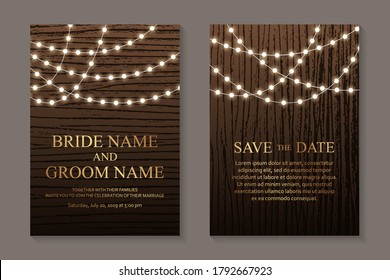 Modern Luxury Wedding Invitation Design Or Card Templates For Birthday Greeting Or Certificate Or Cover With Garlands Of String Lights And Golden Text On A Brown Wood Background.