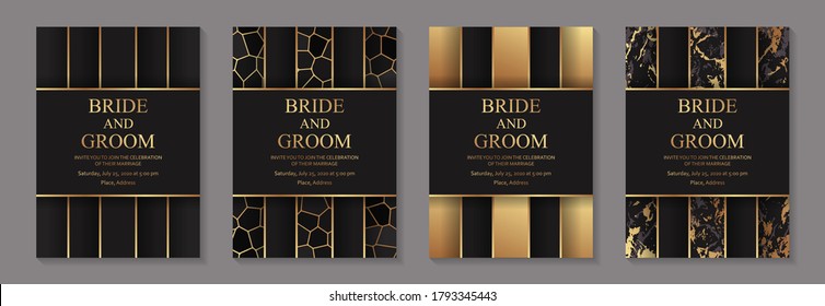 Modern luxury wedding invitation design or card templates for birthday greeting or certificate or cover with marble and stone texture and golden elements on a black background.