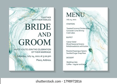 Modern luxury wedding invitation design or card templates for birthday greeting or certificate or cover with turquoise fluid paint waves and golden splashes on a white background.