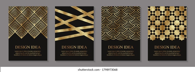 Modern luxury wedding invitation design or card templates for birthday greeting or certificate or cover with golden textured ornaments on a black background.