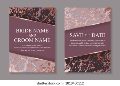 Modern luxury wedding invitation design or card templates for birthday greeting or certificate or poster with rose golde paint or marble texture on a pink background.