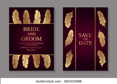 Modern luxury wedding invitation design or card templates for birthday greeting or certificate or poster with golden feathers on a red background.
