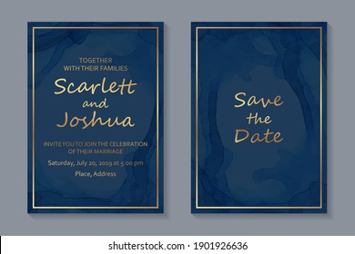 Modern luxury wedding invitation design or card templates for birthday greeting or certificate or poster with golden frames and text on a navy blue watercolor background.