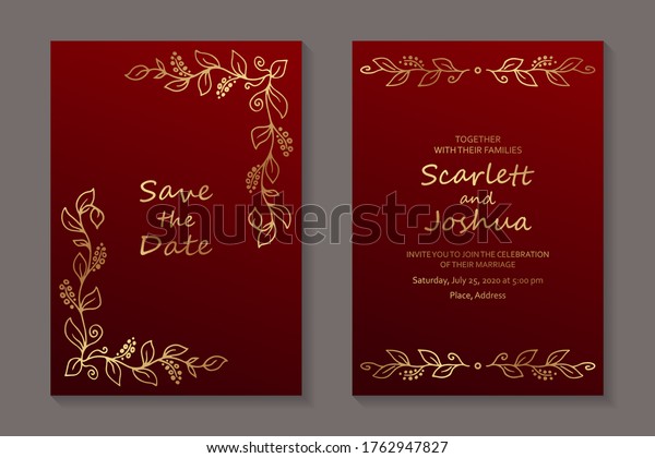 Modern luxury wedding invitation design or\
card templates for business or presentation or greeting with golden\
leaves on a red\
background.