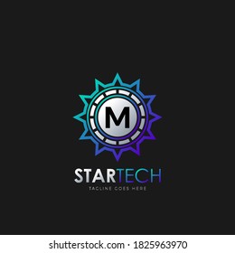 Modern M Diseño del logotipo inicial tecnología de diseño de la estrella de círculo de diseño de la plantilla de diseño vector.