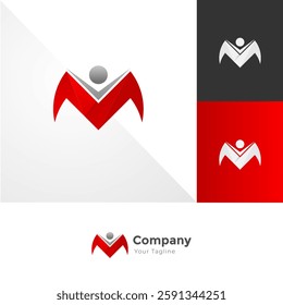 Modern 'M' logo with book and human figure. Ideal for education, publishing, and personal growth. Clean, vector, scalable.