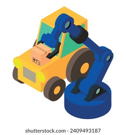 Modern machine icon isometric vector. Wheel tractor near warehouse manipulator. Warehousing equipment, farm machine