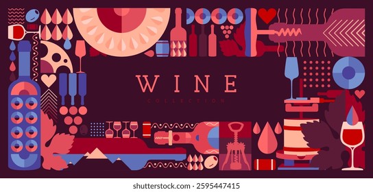 Modern magazine cover or poster with wine bottles and glasses. Restaurant menu design. Vector illustration