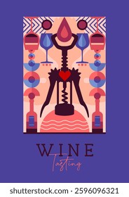 Modern magazine cover or poster with wine bottles and glasses. Restaurant menu design. Vector illustration