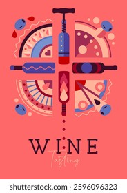 Modern magazine cover or poster with wine bottles and glasses. Restaurant menu design. Vector illustration