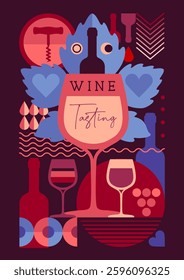 Modern magazine cover or poster with wine bottles and glasses. Restaurant menu design. Vector illustration