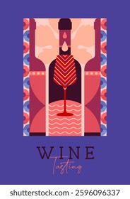 Modern magazine cover or poster with wine bottles and glasses. Restaurant menu design. Vector illustration