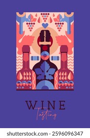 Modern magazine cover or poster with wine bottles and glasses. Restaurant menu design. Vector illustration