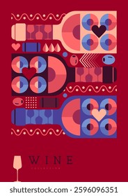 Modern magazine cover or poster with wine bottles and glasses. Restaurant menu design. Vector illustration