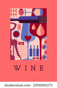 Modern magazine cover or poster with wine bottles and glasses. Restaurant menu design. Vector illustration
