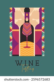 Modern magazine cover or poster with wine bottles and glasses. Restaurant menu design. Vector illustration