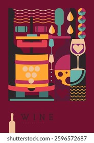 Modern magazine cover or poster with wine bottles and glasses. Restaurant menu design. Vector illustration