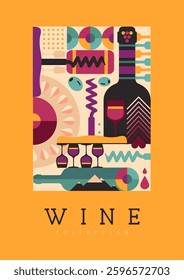 Modern magazine cover or poster with wine bottles and glasses. Restaurant menu design. Vector illustration