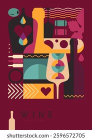 Modern magazine cover or poster with wine bottles and glasses. Restaurant menu design. Vector illustration