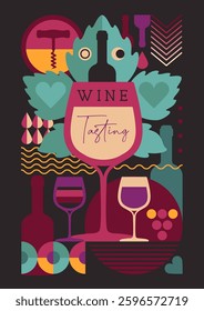 Modern magazine cover or poster with wine bottles and glasses. Restaurant menu design. Vector illustration