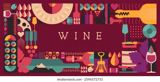 Modern magazine cover or poster with wine bottles and glasses. Restaurant menu design. Vector illustration