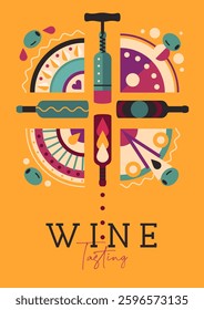 Modern magazine cover or poster with wine bottles and glasses. Restaurant menu design. Vector illustration