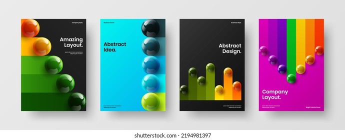 Modern magazine cover vector design illustration composition. Clean 3D spheres brochure concept collection.