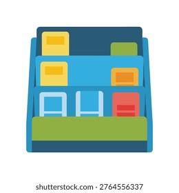 Modern magazine rack with multiple compartments. Display stand for brochures, magazines, and publications. Office furniture. Flat vector.