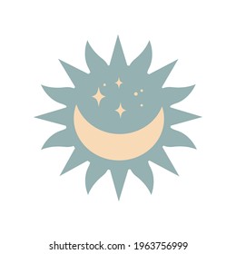 Modern magic boho sun with moon, stars in silhouette  isolated on white background. Vector flat illustration. Decorative boho celestial element for tattoo, greeting cards, invitations, wedding