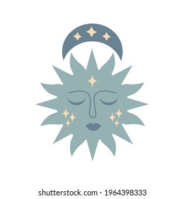 Modern magic boho sun with moon, stars, face in silhouette  isolated on white background. Vector flat illustration. Decorative boho celestial element for tattoo, greeting cards, invitations, wedding