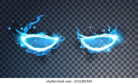 Modern magic eyes symbol or mask. Ethereal lightning substance sign and strange flame spark. Decor elements for magic doctor, shaman, medium. Luminous trail effect on transparent background. svg