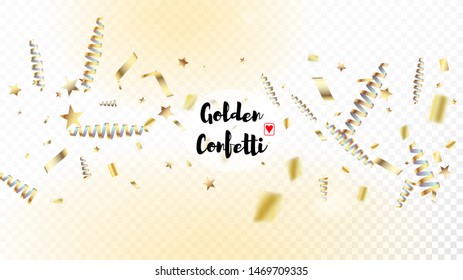 Modern Magic Glitter Confetti, Golden Foil Tinsel Trail. Horizontal Bright Particles Background. Cool Sparkling Christmas, New Year, Birthday Party Holiday Banner. Magic Glitter Confetti Tinsel