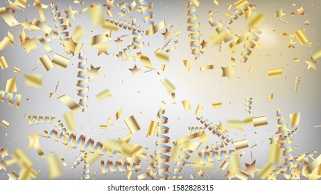 Modern Magic Glitter Confetti, Golden Foil Tinsel Trail. Horizontal Shiny Streamers Background. Cool Premium Christmas, New Year, Birthday Party Holiday Frame. Magic Glitter Confetti Tinsel