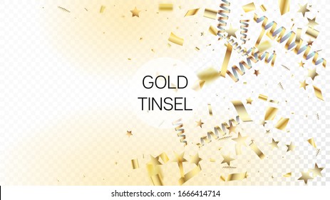 Modern Magic Glitter Confetti, Golden Foil Tinsel Trail. Horizontal Bright Shimmer Background. Cool Elegant Christmas, New Year, Birthday Party Holiday Garland. Magic Glitter Confetti Tinsel