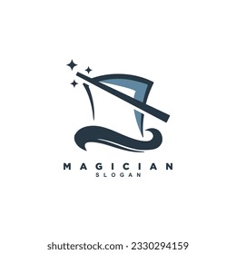 Modern magic hat with stick logo design. Magician show logo vector