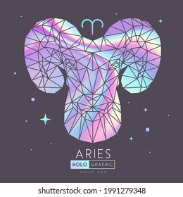 Tarjeta de brujería holográfica mágica moderna con signo de astrología Aries zodiac. Cabeza de mecha o de pulmón de estilo poligonal