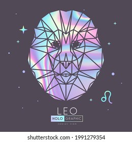 Tarjeta de brujería holográfica mágica moderna con signo de astrología Leo zodiac. Cabeza de león en estilo poligonal