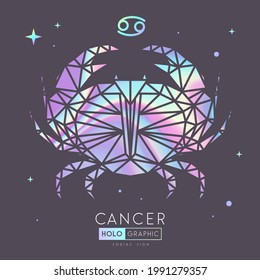 Tarjeta de brujería holográfica mágica moderna con signo de astrología Cáncer zodiaco. Ilustración del cangrejo al estilo poligoleño