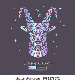 Modern magic holographic witchcraft card with polygonal astrology Capricorn zodiac sign. Polygonal ram or mouflon head