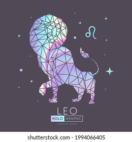 Tarjeta de brujería holográfica mágica moderna con signo de astrología Leo zodiac. Cabeza de león en estilo poligonal